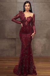 Mermaid Prom Dress with Beadings - Charming Cabernet Long Sleeves
